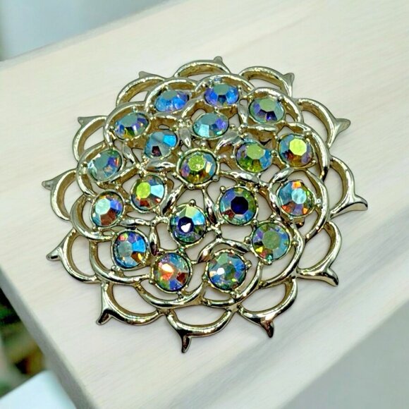 Sarah Coventry Vtg Aurora Borealis Rhinestone Limelight Pin  Brooch Earrings Set - Picture 2 of 7